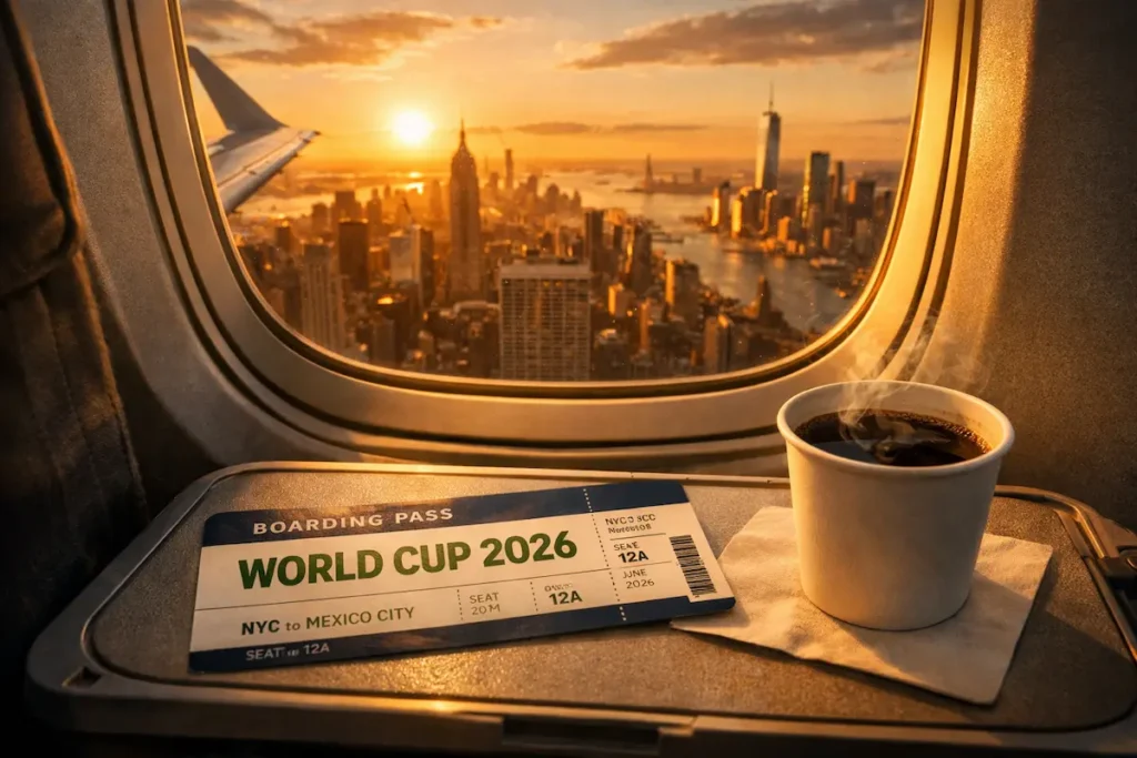 منظر من نافذة الطائرة يطل على نيويورك وقت الغروب مع تذكرة طيران كأس العالم 2026 وكوب قهوة