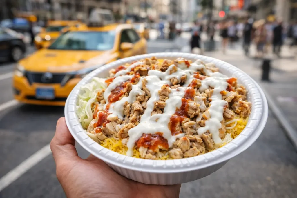 وجبة دجاج مع أرز من عربات الطعام الحلال في نيويورك كخيار لتوفير ميزانية الأكل في كأس العالم 2026.