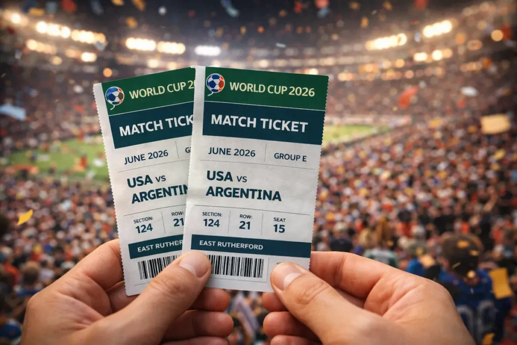 أسعار تذاكر مباريات كأس العالم 2026: مشجع يحمل تذكرتين لمباراة أمريكا والأرجنتين في ملعب ميتلايف
