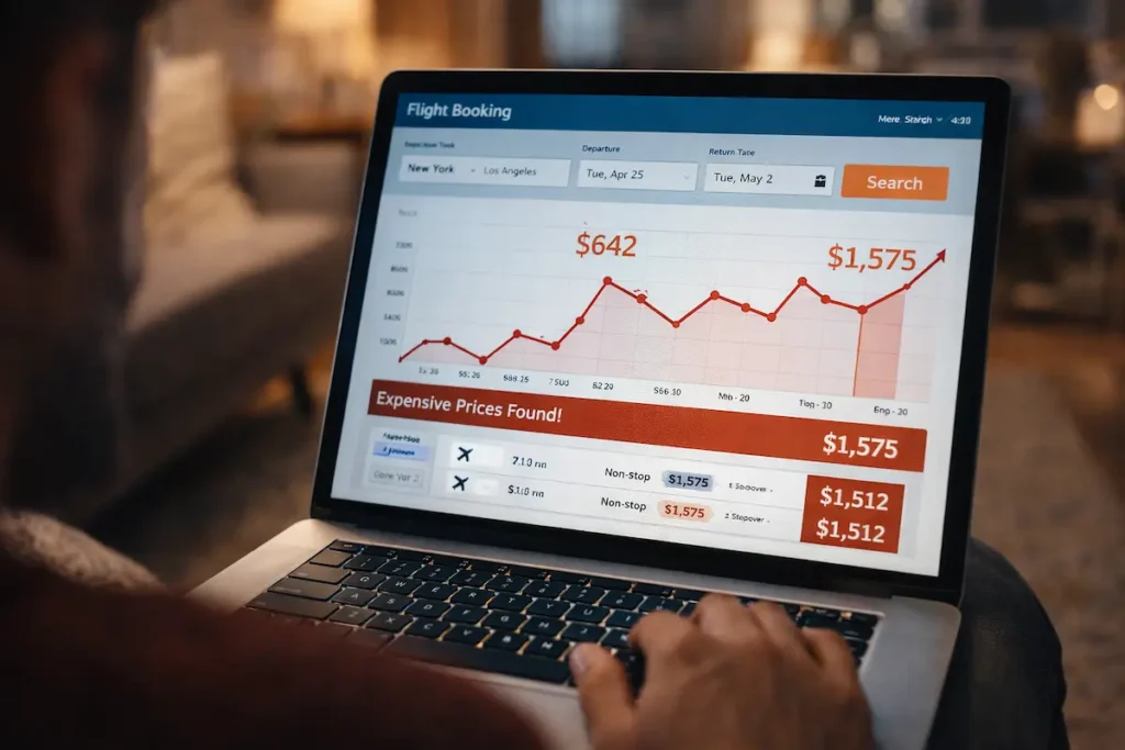 رسم بياني يوضح ارتفاع أسعار تذاكر الطيران لكأس العالم 2026 على شاشة لابتوب