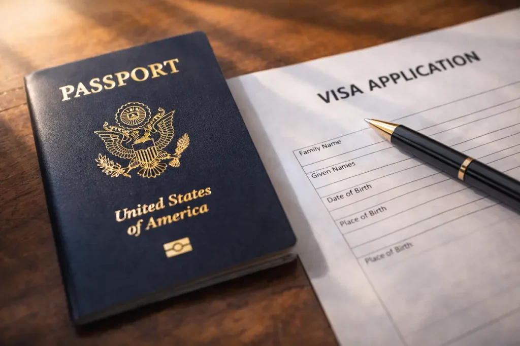 جواز سفر أمريكي ونموذج طلب تأشيرة (الفيزا) استعداداً للسفر لكأس العالم 2026
