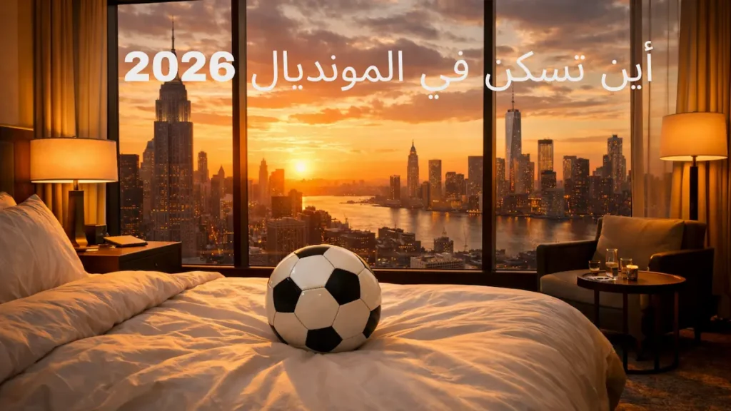 غرفة فندق فاخرة تطل على مدينة نيويورك مع كرة قدم استعداداً لكأس العالم 2026
