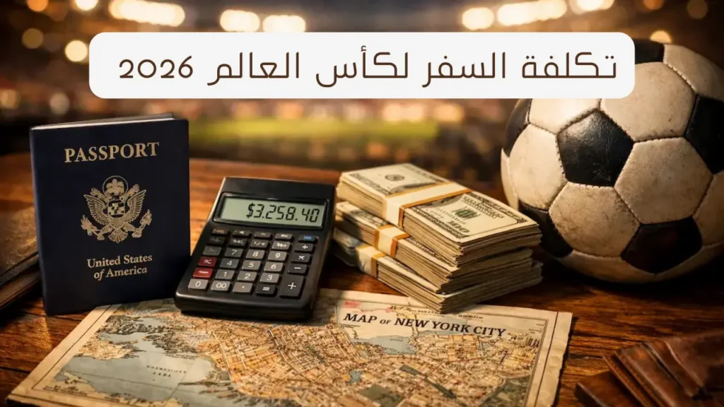 تكلفة السفر لكأس العالم 2026: جواز سفر أمريكي، آلة حاسبة، ودولارات مع خريطة نيويورك لتوضيح الميزانية