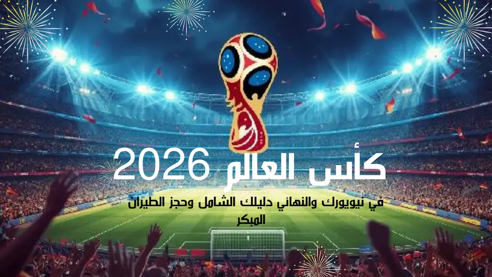 شعار كأس العالم 2026 مع خلفية ملعب - دليل السفر وحجز الطيران لنيويورك