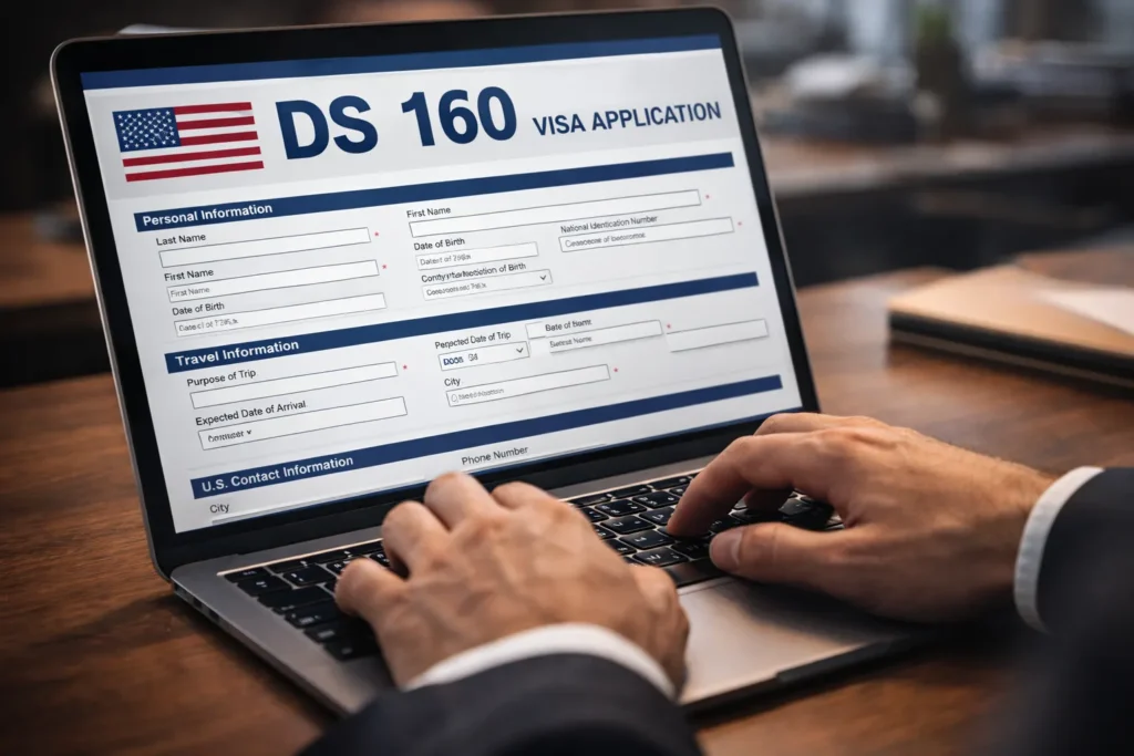 شخص يقوم بتعبئة نموذج DS-160 الإلكتروني للحصول على فيزا أمريكا السياحية.